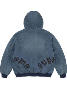 Black washed cotton hooded jacket shown from the back with dark leather appliqué lettering, stitched panels and ribbed hem.