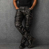 Men Black Sheepskin Leather Cargo Biker Pants