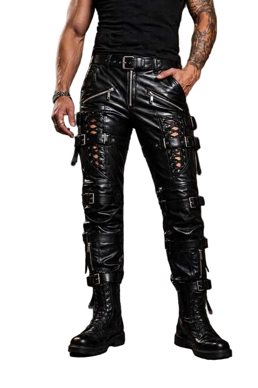 Men Black Sheepskin Leather Gothic Biker Pants