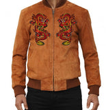 Men's Brown Suede Leather Jacket with Dragon Patches