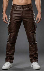 Men's Brown Biker Leather Cargo Pants Slim Fit
