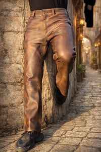 Men's Brown Genuine Leather Slim Fit Pants