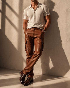 Men's Brown Leather Cargo Pants Slim Fit