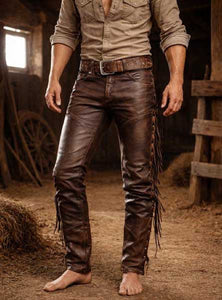 Men's Brown Leather Fringe Cowboy Pants