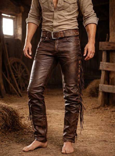 Men's Brown Leather Fringe Cowboy Pants