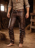 Men's Brown Leather Fringe Cowboy Pants