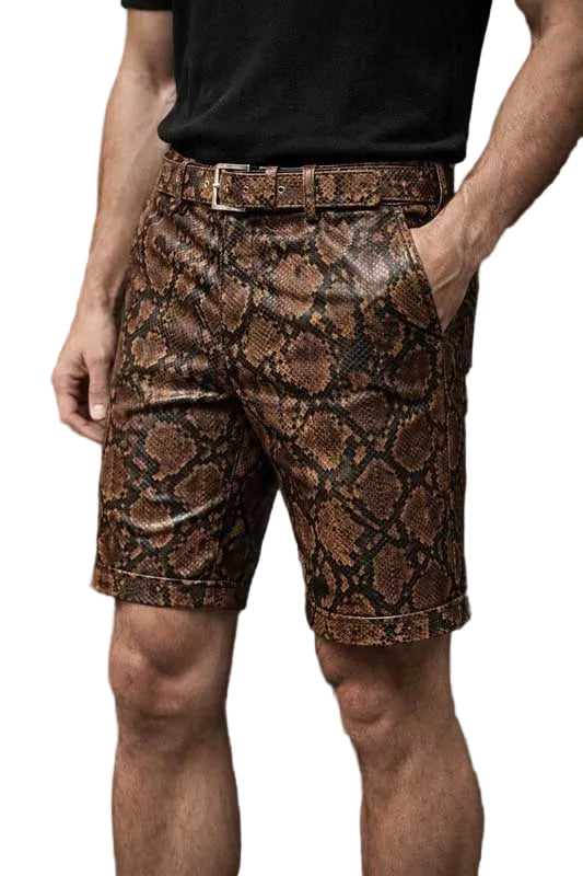 Brown Snakeskin Print Faux Leather Shorts