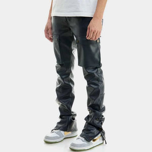 Navy Blue Leather Cargo Pants for Men