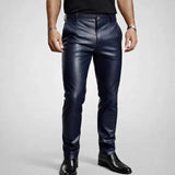 Men's Navy Blue Sheepskin Leather Pants Slim Fit