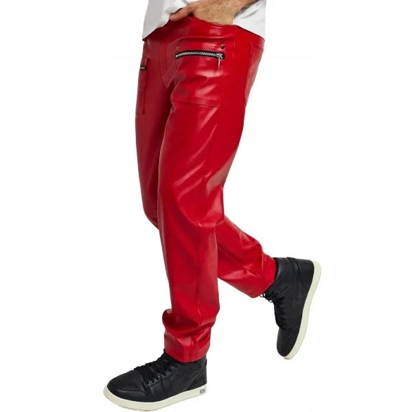 Slim Fit Red Leather Pants