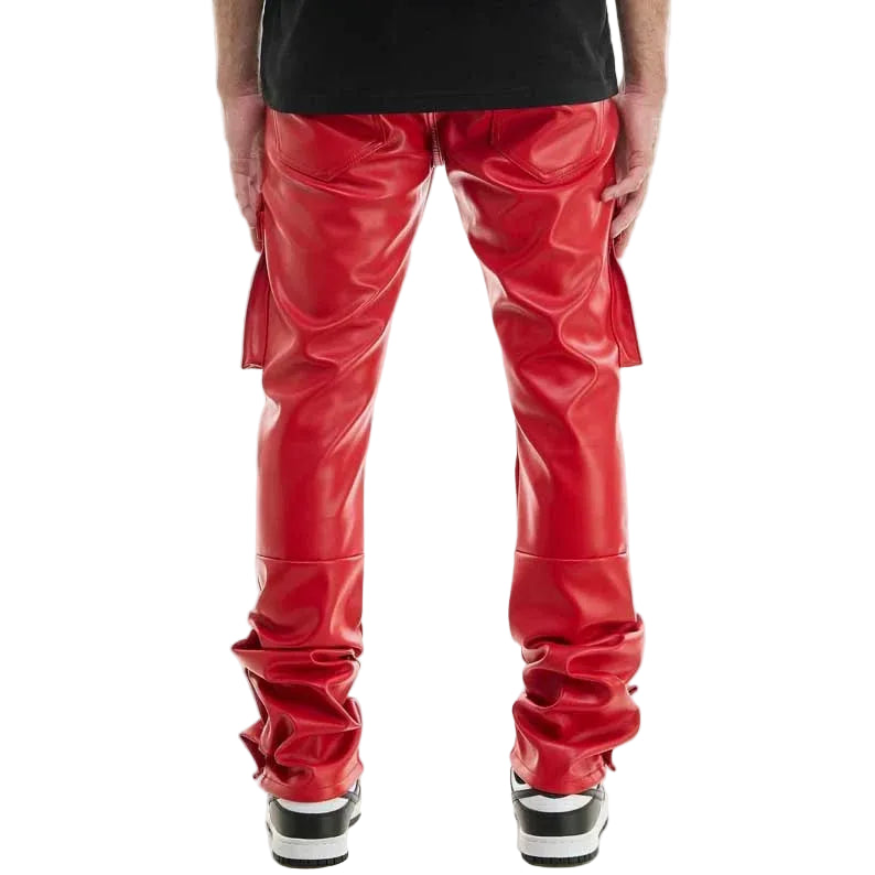Red Leather Cargo Pants with YKK Zippers