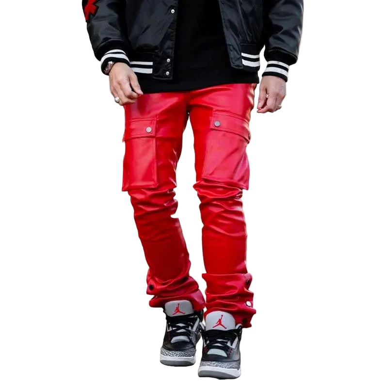 Men's Red Sheepskin Leather Cargo Pants