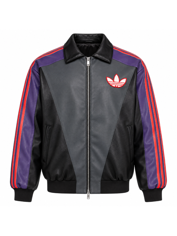 Front view of the Mewtwo colorway jacket highlighting the purple and red stripe detailing.