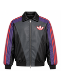 Front view of the Mewtwo colorway jacket highlighting the purple and red stripe detailing.