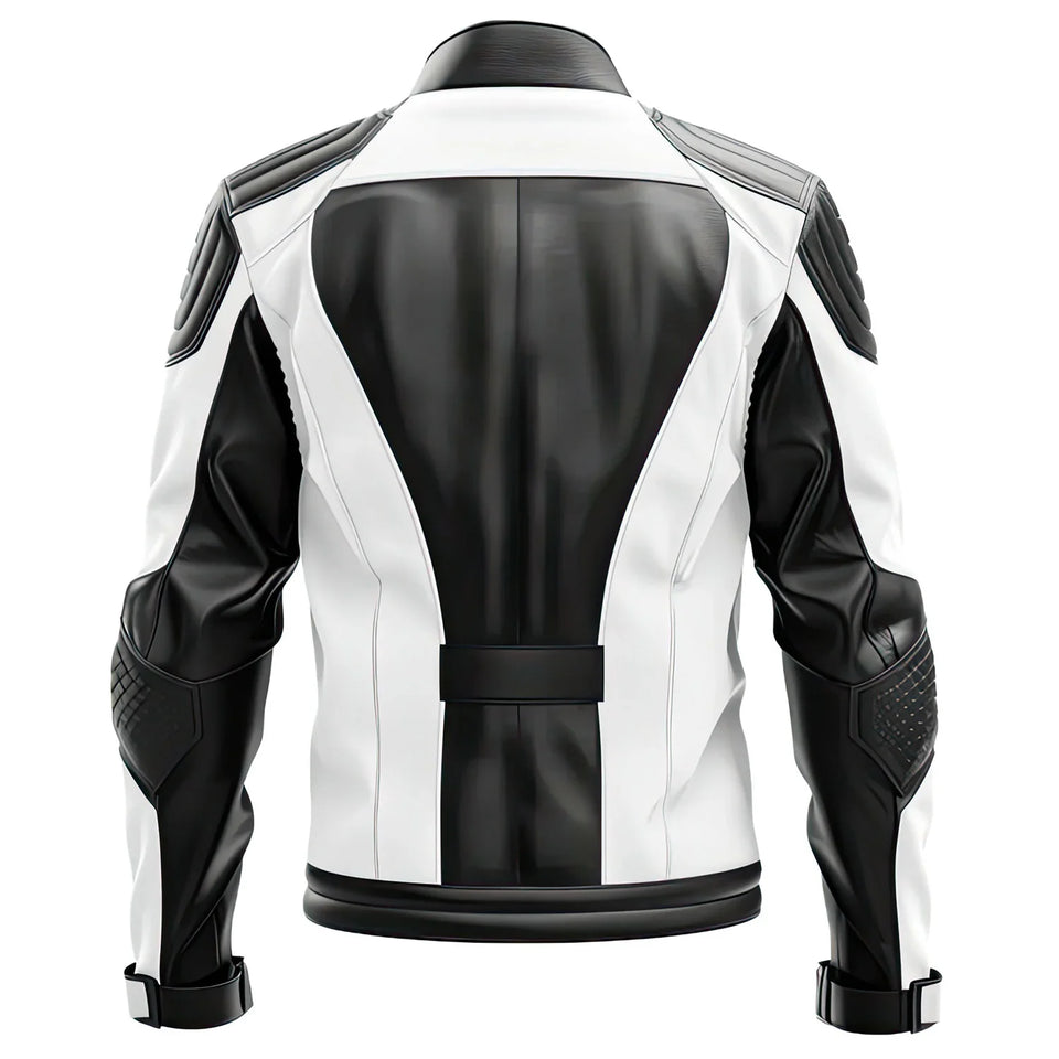 White-Black Genuine Quilted Sheepskin Moto Leather Jacket for Men