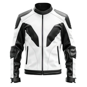 White-Black Genuine Quilted Sheepskin Moto Leather Jacket for Men
