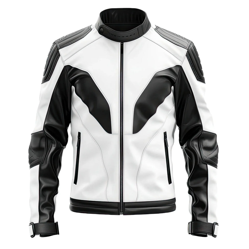 White-Black Genuine Quilted Sheepskin Moto Leather Jacket for Men