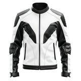 White-Black Genuine Quilted Sheepskin Moto Leather Jacket for Men