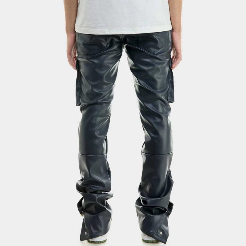 Navy Blue Leather Cargo Pants for Men