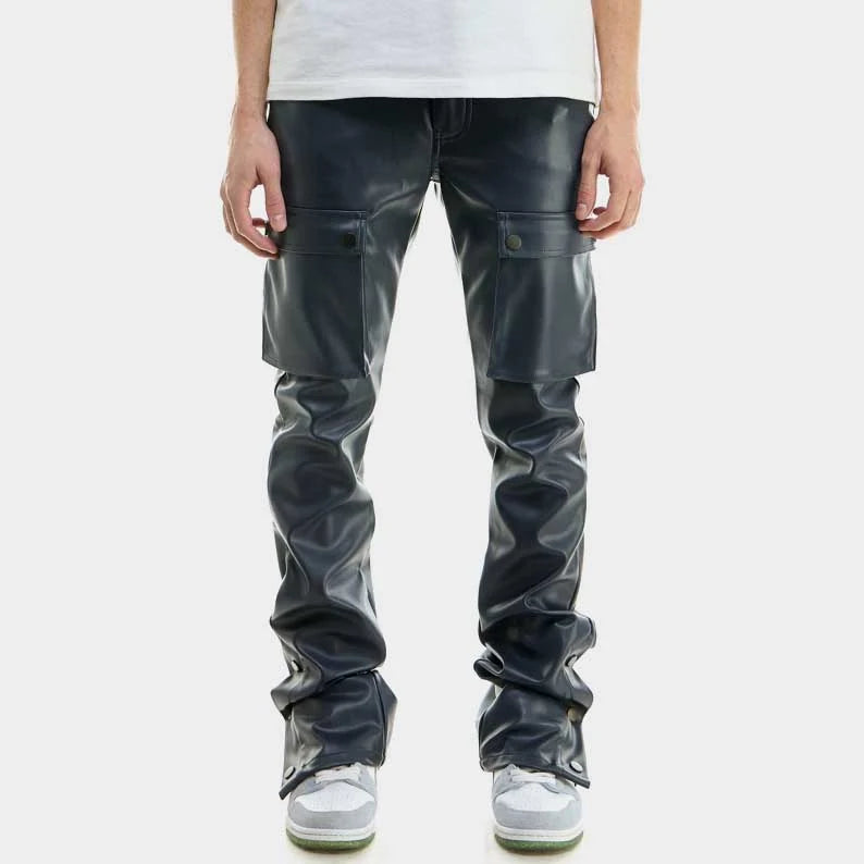 Navy Blue Leather Cargo Pants for Men