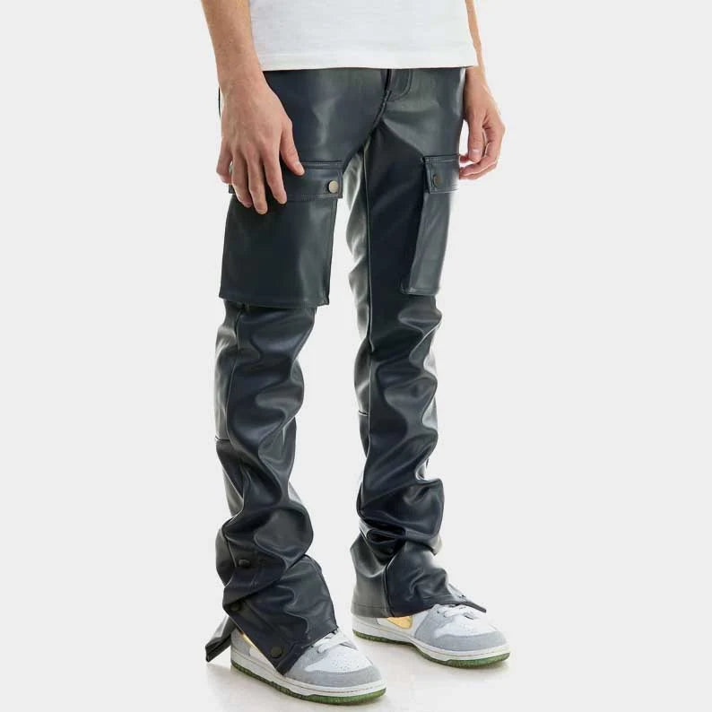 Navy Blue Leather Cargo Pants for Men