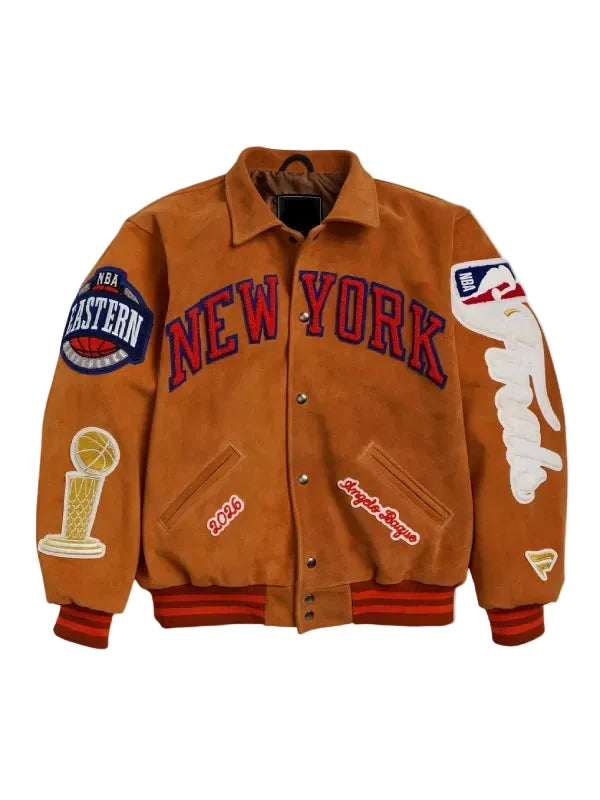 New York Knicks Fanatics 2026 Champions Brown Suede Leather Jacket