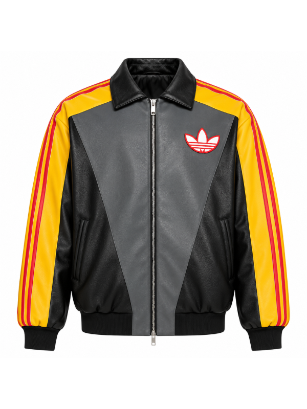 Front view of the Pikachu colorway jacket showing the yellow 3-stripe sleeve trim.