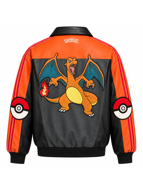 Back view of the orange Charizard leather track jacket with dragon character patch and flame detailing.