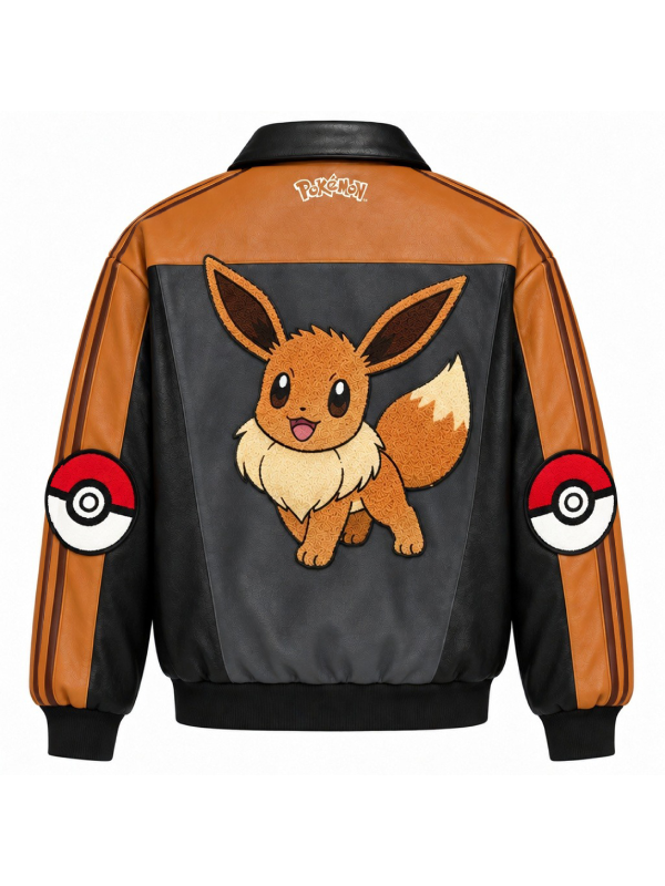 Back view of the burnt orange Eevee leather track jacket with fluffy-textured character patch.