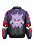 Back view of the purple and black Gengar leather track jacket with embroidered character patch and Poké Ball sleeve patches.