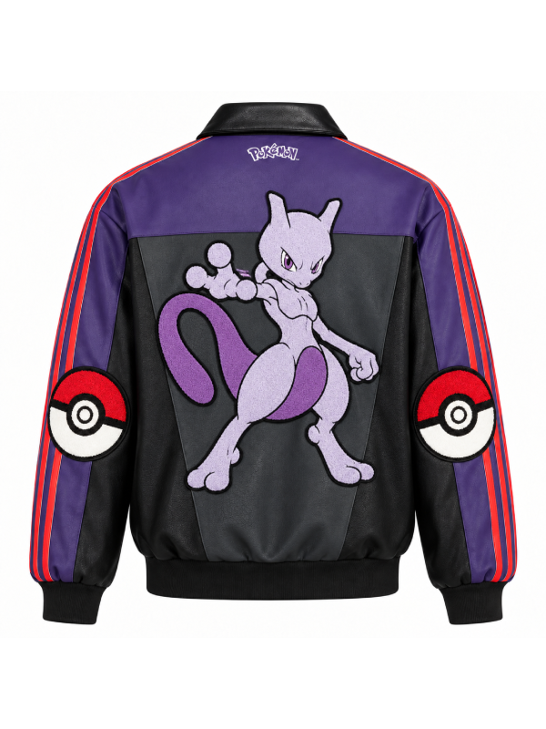 Back view of the purple Mewtwo leather track jacket with detailed character embroidery.