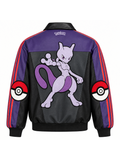 Back view of the purple Mewtwo leather track jacket with detailed character embroidery.