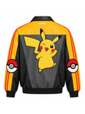 Back view of the yellow and black Pikachu leather track jacket with textured embroidered patch.