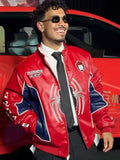 Red and Blue Jacket with Erect Collar