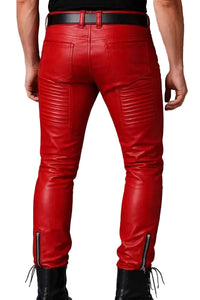 Men's Red Slim Fit Biker Leather Pants