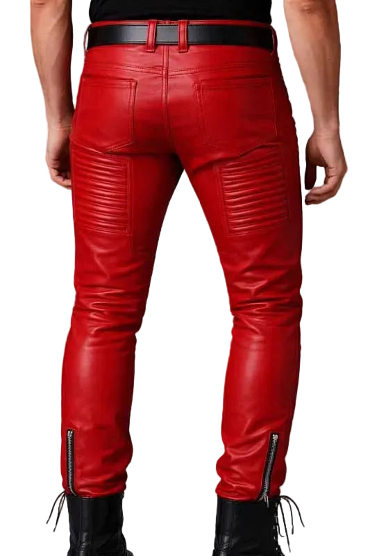 Men's Red Slim Fit Biker Leather Pants