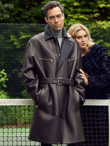 Black leather coat with zipper and belt