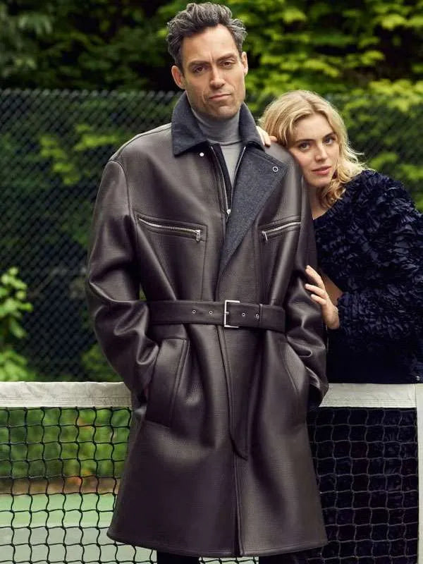 Black leather coat with zipper and belt