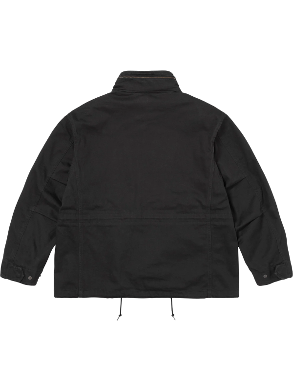 Back view of the black field jacket showing the drawcord hem and clean silhouette.