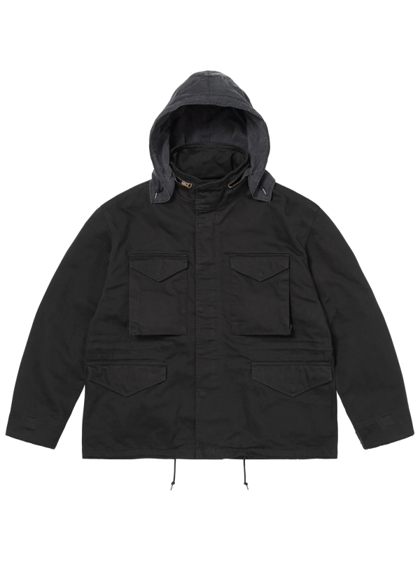 Front view of the black field jacket with the removable hood attached and up.