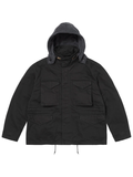 Front view of the black field jacket with the removable hood attached and up.