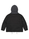 Back view of the black field jacket with the hood attached, showing the contrast grey hood fabric.