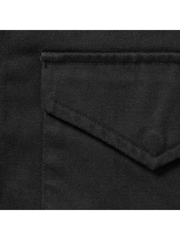 Close-up detail of the black cotton twill fabric and stitched flap pocket.