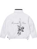 Back view of the white Supreme Peace Gore-Tex jacket showing the full skull, rose, and script embroidery.
