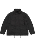 Front view of the black M65 field jacket showing the flap pockets and stand collar.