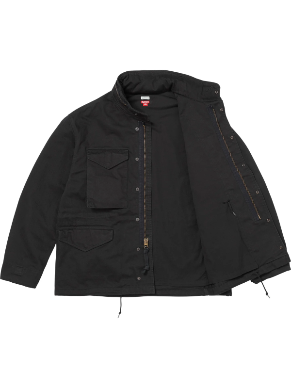 Black field jacket shown open, revealing the twill lining and interior zip pocket.
