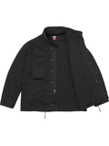Black field jacket shown open, revealing the twill lining and interior zip pocket.