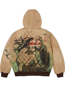 Back view of the Supreme X Rita graphic hooded jacket in tan, showing the full sketch-style illustration and red "SUPREME" tag.