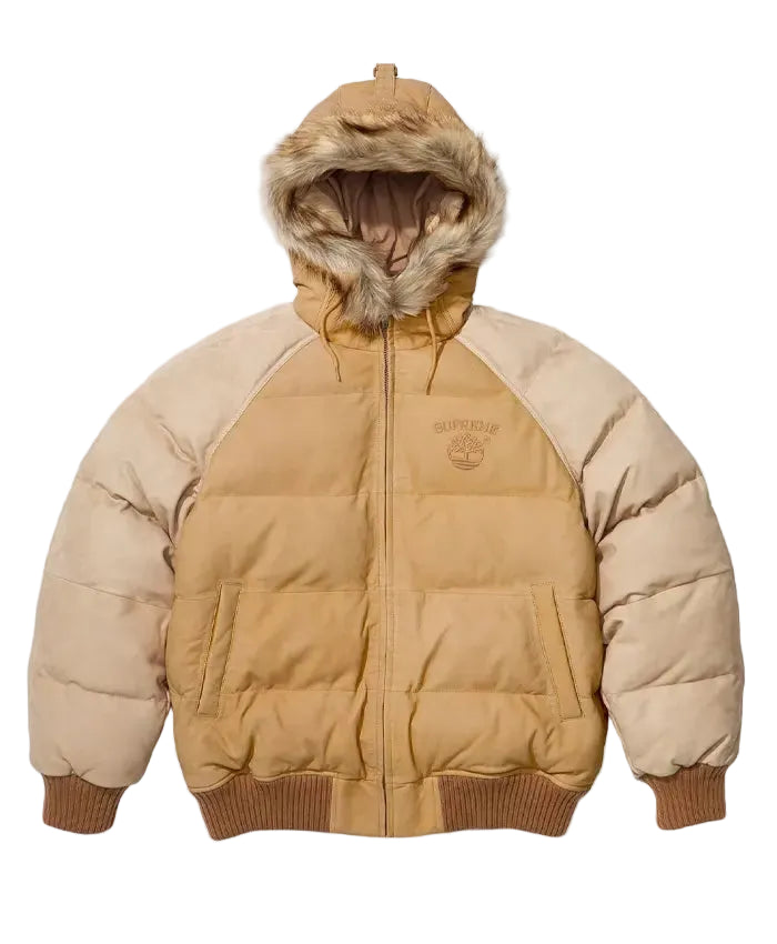 Supreme x Timberland Suede Leather Puffer Jacket With Fur Hooded Collar
