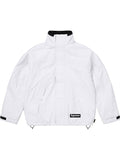 White Supreme Gore-Tex jacket with hood down, front view highlighting the clean colorblock silhouette.